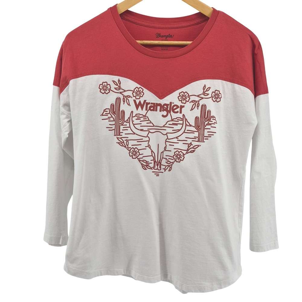 Wrangler Womens Red White Graphic Tee‎ Shirt Cactus Skull Southwestern Sz M